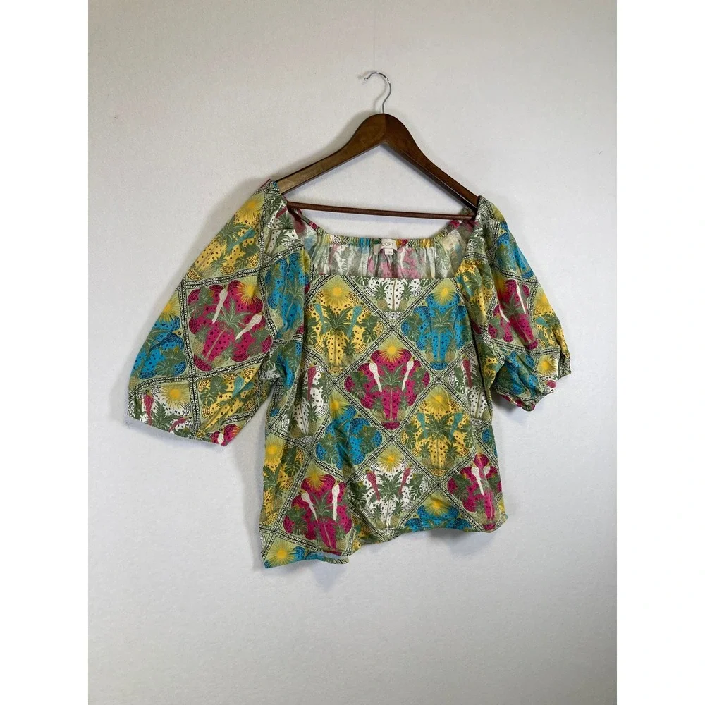 Tropical Boho LOFT Women Large Multicolor Square Neck Puff Sleeve Tile Print Top